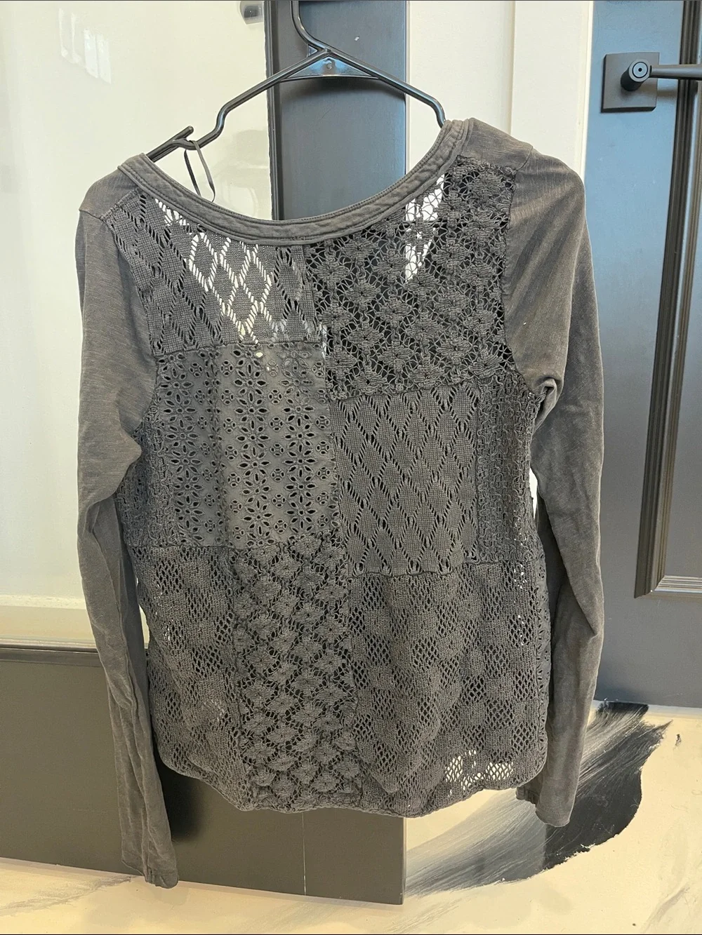 Free People Black Crochet-Back Long Sleeve V-Neck Top